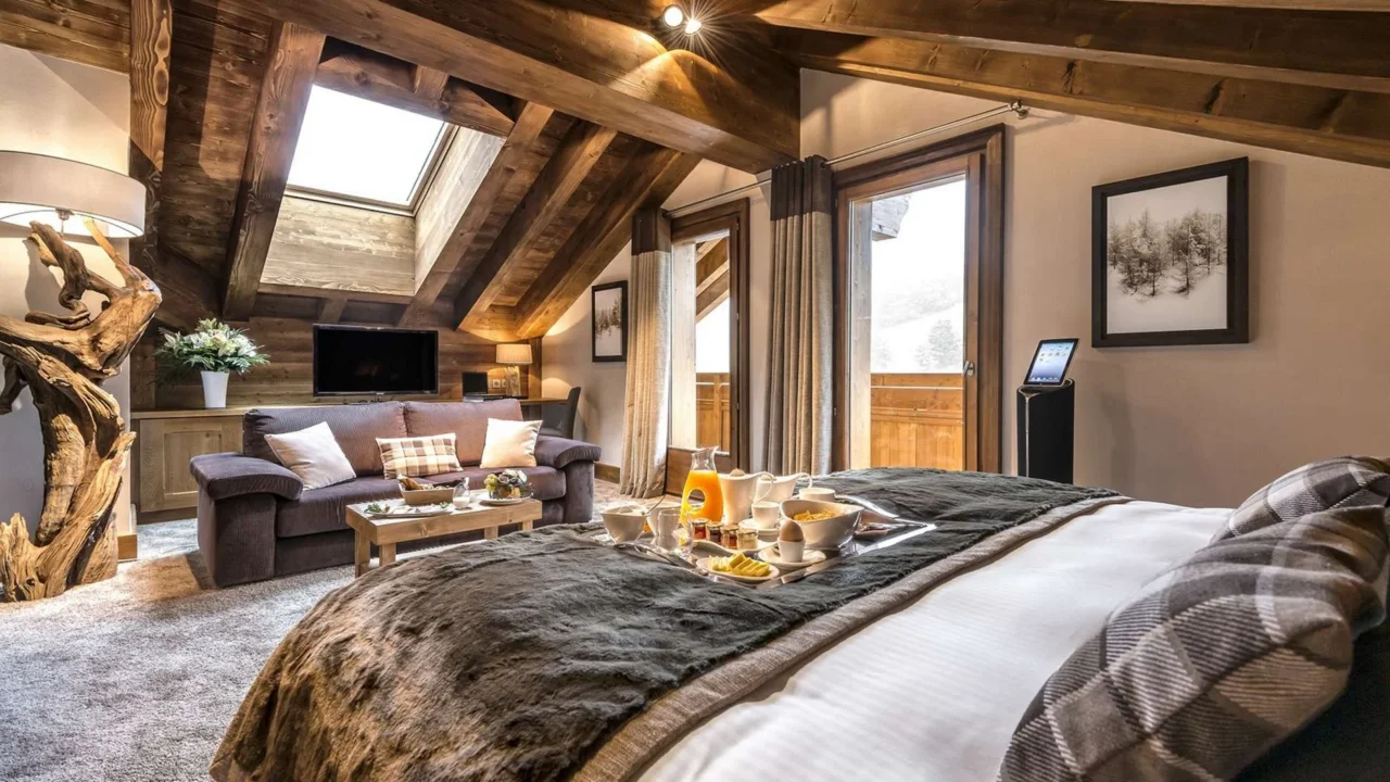 Chambre mansardée de l’Hôtel La Chaudanne avec poutres apparentes, coin salon et petit-déjeuner servi sur le lit.