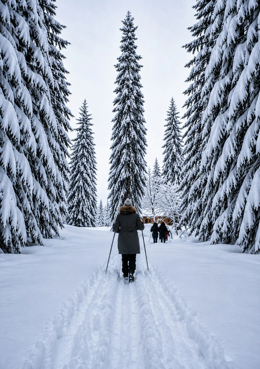 Des randonneurs en raquettes suivent un sentier entre de grands sapins couverts de neige.