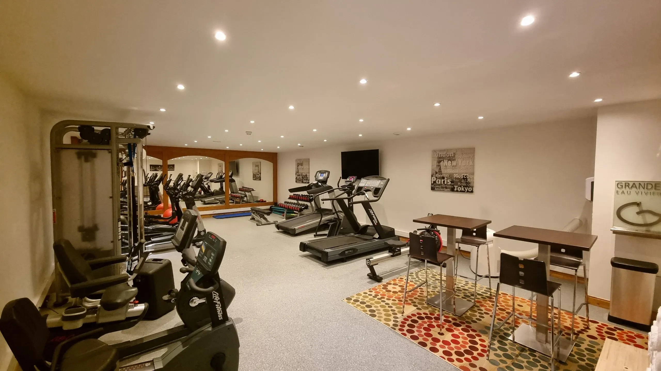 Salle de fitness équipée de tapis de course, de vélos d’appartement et d’un appareil de musculation.